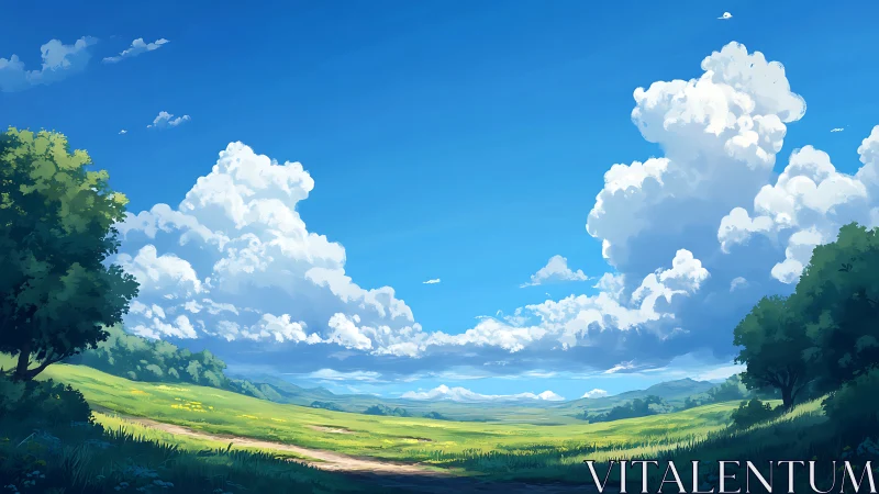 Expansive summer meadow under towering cumulus clouds.