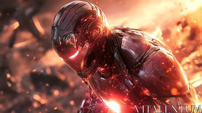 Molten chrome avenger rises through a storm of embers.