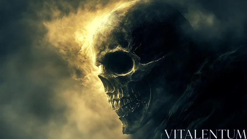 Smoldering skull emerging from swirling golden shadowed fog.