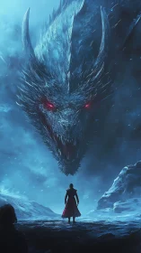 Frostbitten Duel: Lone warrior confronting colossal ice dragon.