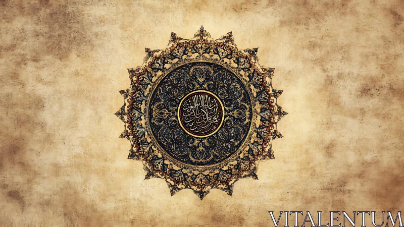 Ornate circular Islamic calligraphy medallion on aged parchment.