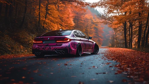 BMW sports sedan with magenta wrap on wet autumn forest road