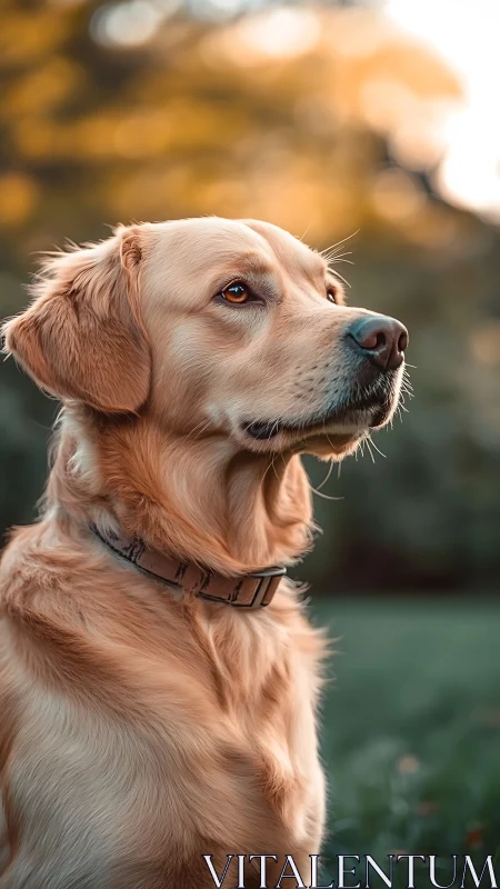 Golden retriever in warm sunset portrait outdoors.