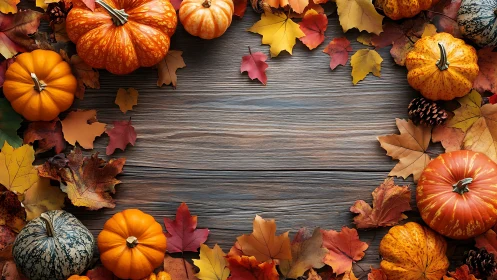 Autumn pumpkins and leaves framing rustic wooden table.
