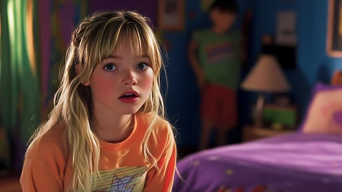 Sunlit surprise in a neon-bright childhood bedroom scene.