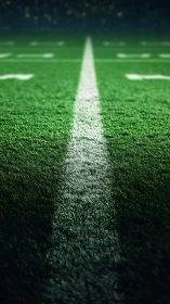 Football field sideline under stadium lights at night.