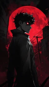 Shadowed antihero under a burning red moonlit sky.