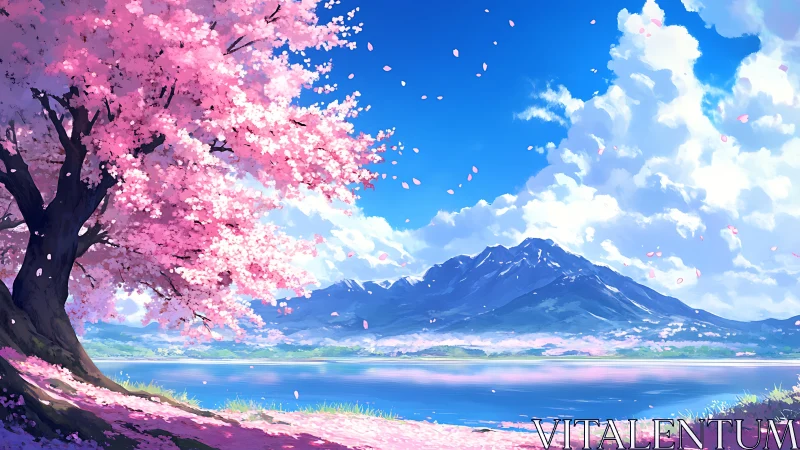 Sakura shoreline under vivid cumulus sky and distant ridge.