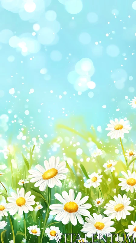 Spring Meadow Bokeh: Luminous Daisy Field With Ethereal Atmospheric Depth.