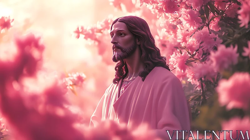 Gentle robed figure standing peacefully in soft pink blooms.