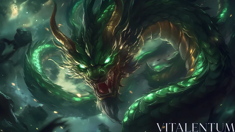 Emerald storm dragon coils through dark mythic tempest.