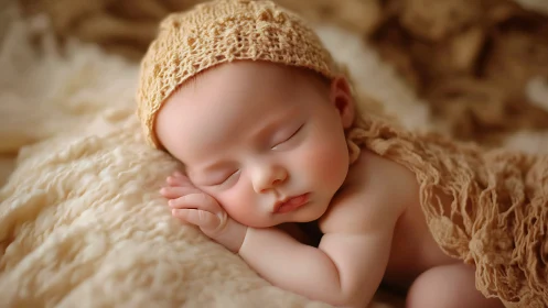Newborn baby sleeps peacefully in warm, dreamy light
