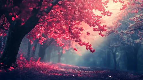 Crimson forest path under soft misty morning light.