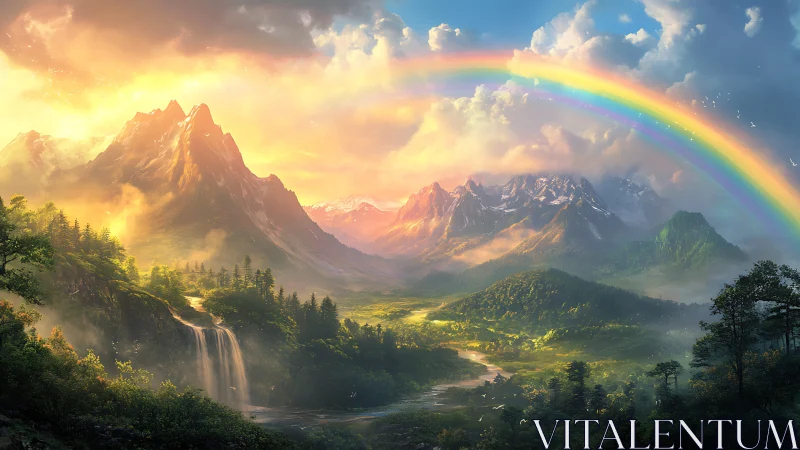 Luminous rainbow arching over misty alpine valley vista.