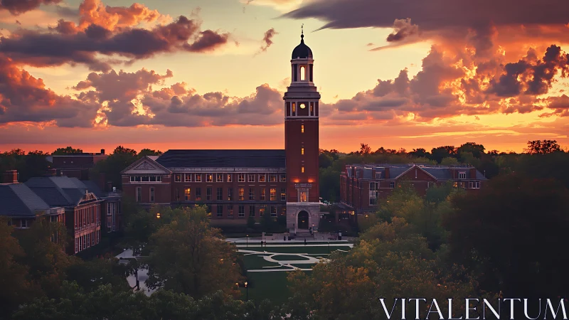 College campus clock tower framed by vivid sunset sky.