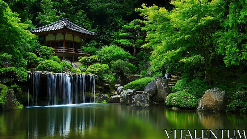 Traditional pavilion overlooks small waterfall in dense garden