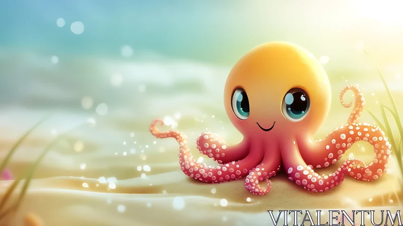Playful pastel octopus with glossy eyes on sunlit sand.