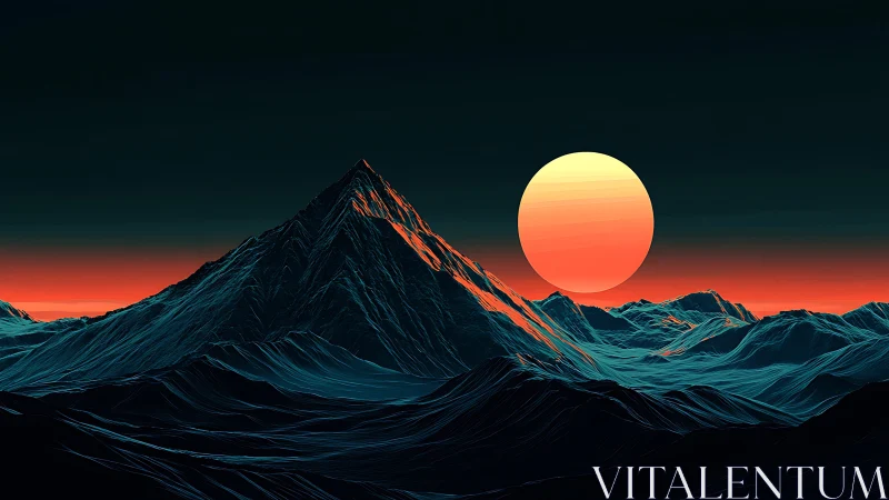 Neon-glazed summit under oversized solar ember horizon.