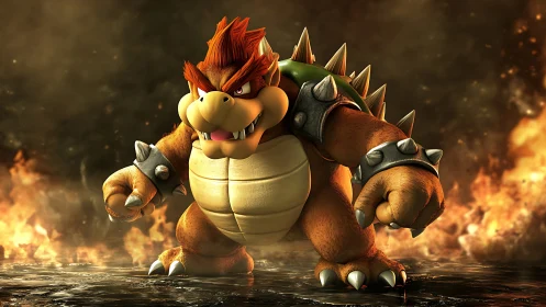 Fiery reptilian boss character in dramatic 3D battle stance.