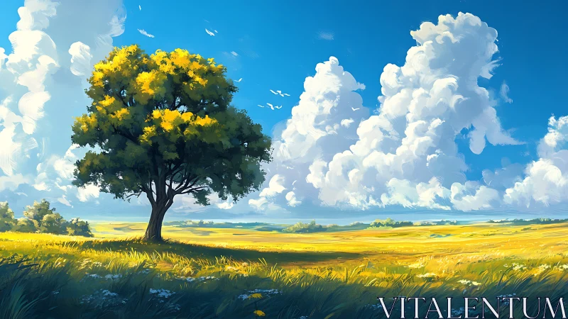 Solitary summer tree converses with towering cloud kingdoms