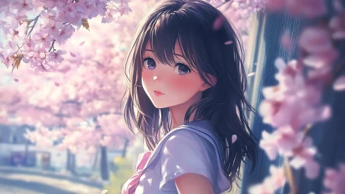 High-fidelity anime portrait amid diffuse cherry blossom bokeh.