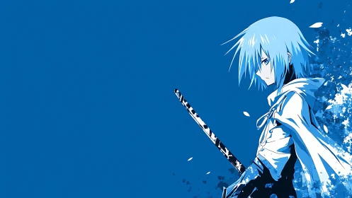 Blue-haired anime swordsman stands against empty field
