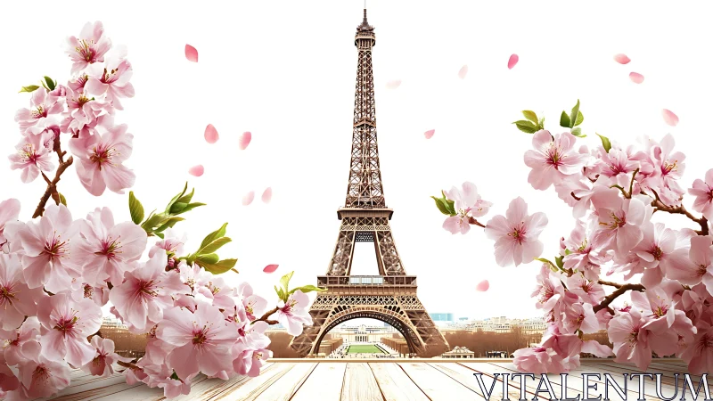 Eiffel Tower rises behind cherry blossoms in bright spring light