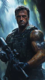 Seasoned jungle soldier standing strong in the pouring rain.