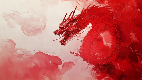 Fiery red dragon swirling through misty watercolor clouds.
