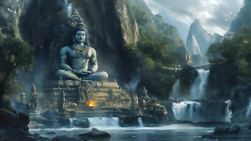 Mountain Shiva temple overlooks misty cascading waterfalls.