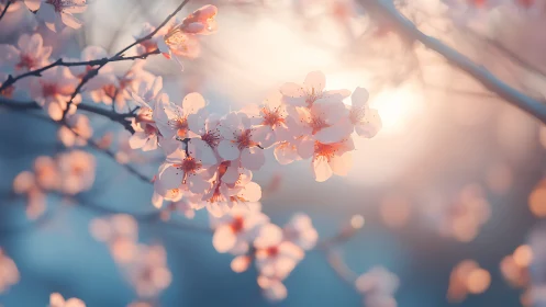 Blooming cherry branches backlit by warm sunlight
