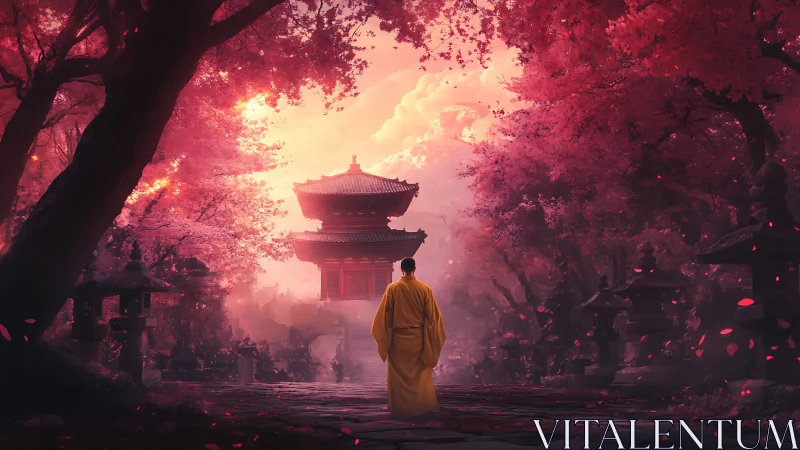 Monk under crimson blossoms approaching distant pagoda.