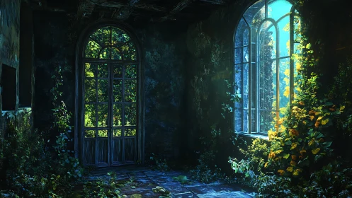 Sunlit ruins where wild garden light softens the dark.