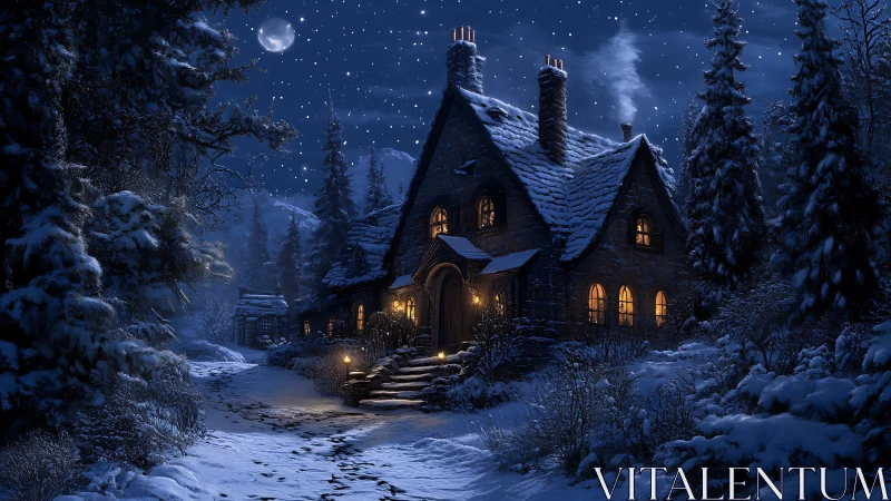 Snow-laden woodland cottage under starlit winter night sky