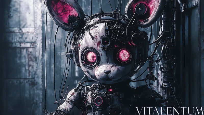 Cyborg rabbit robot with exposed wiring stands in corridor