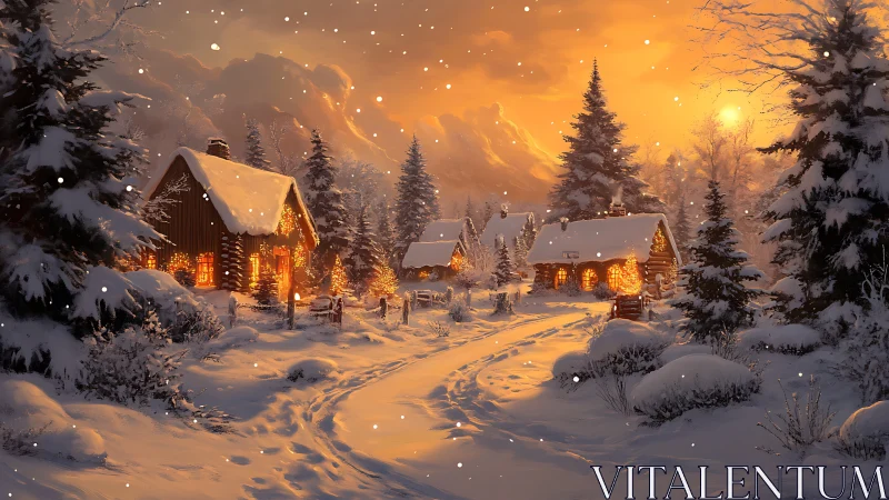 Snowy winter village glows warmly beneath a golden sunset.