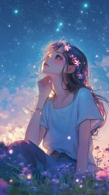 Young woman seated in field under star-filled twilight sky.