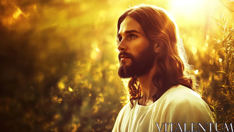 Bearded long haired man stands in warm golden sunset light