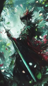 Forest-blessed elf warrior pausing in emerald misted light.