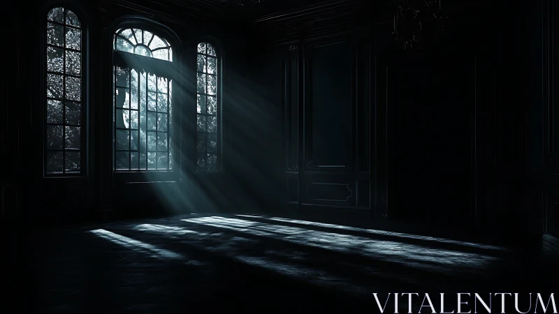 Sunlight entering dark interior through tall arched windows.