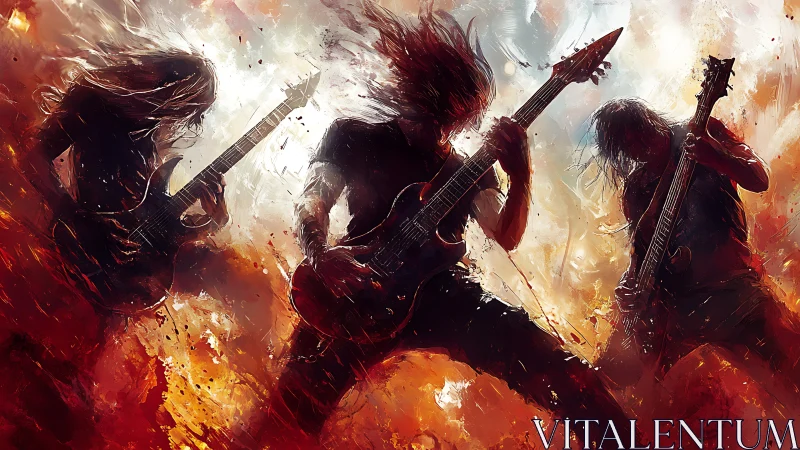 Three guitarists perform amid abstract fiery light effects