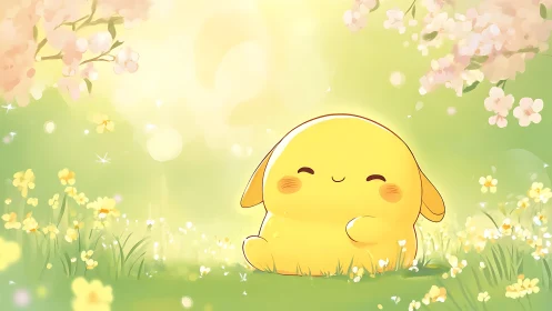 Yellow cartoon creature sitting in bright flower meadow.