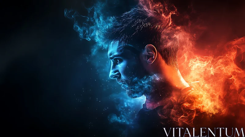 Male profile rendered with opposing blue and red smoke effects
