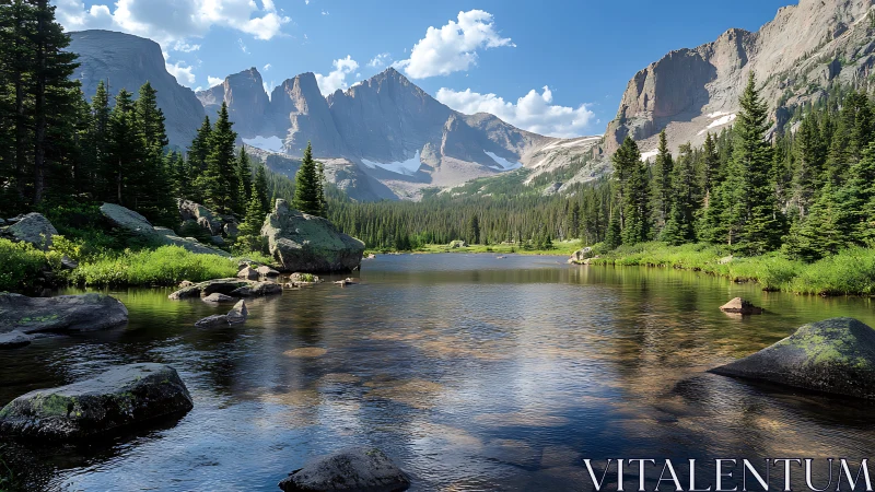 Alpine mirror lake cradles pine forests and colossal peaks.
