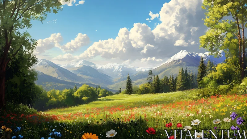 Wildflower valley dreaming beneath bright alpine giants.