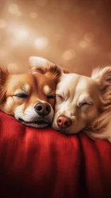 Two Dogs Sleeping Peacefully on Red Fabric in Warm Light