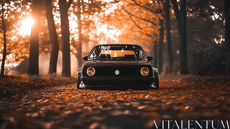 Sunlit forest lane with a classic car in autumn glow.