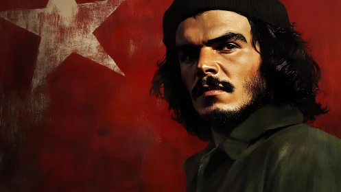 Revolutionary portrait contrasts intense gaze and red star