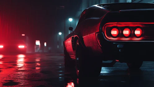 Midnight muscle car in neon rain on reflective city street.