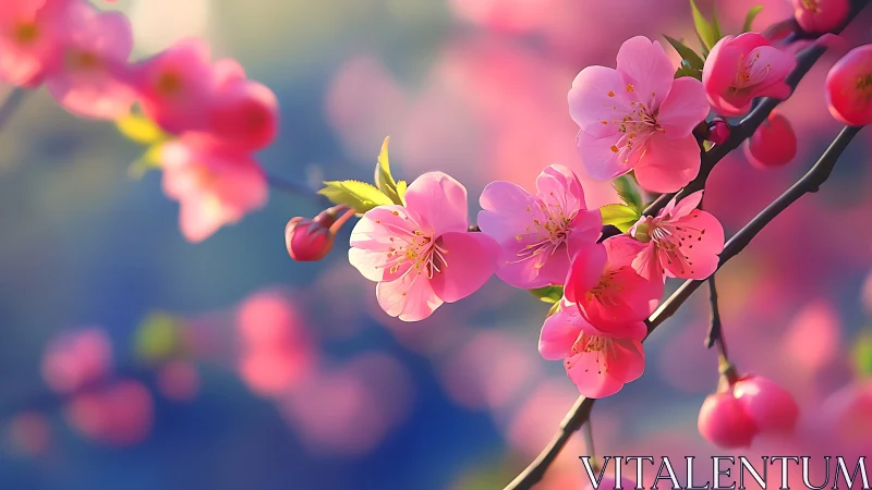 Pink Spring Blossoms Blooming Against Soft Blue Sky